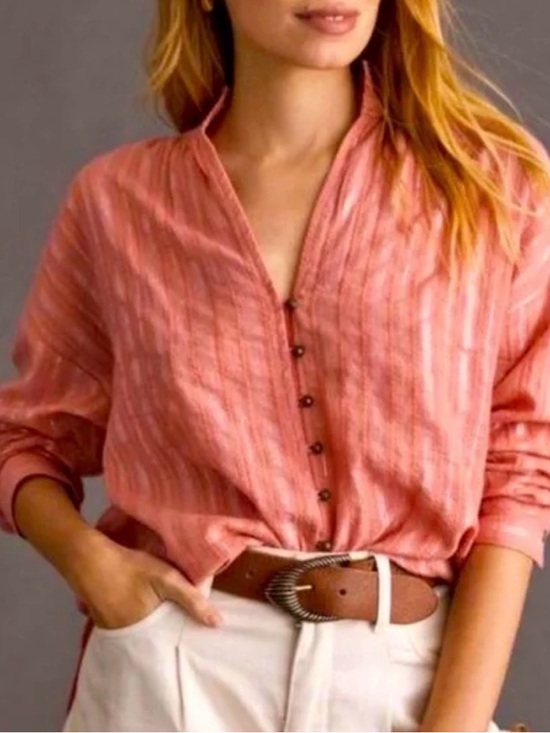 Pilcro Tops - Pilcro by Anthropologie Women's Coral Stripe Button-Front Blouse Women’s Size XS